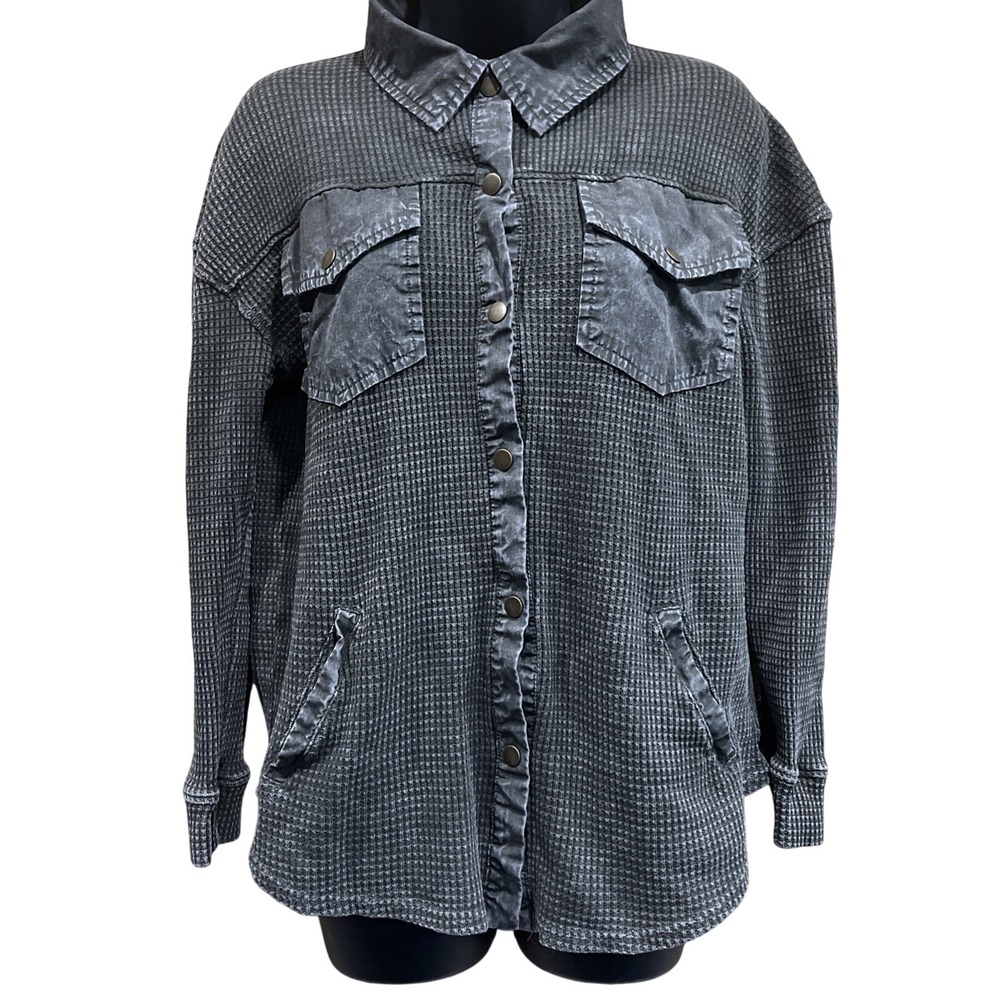 Hard Tail Shacket Womens Sz S Gray Waffle Knit Mineral‎ Wash Snap Button Thermal